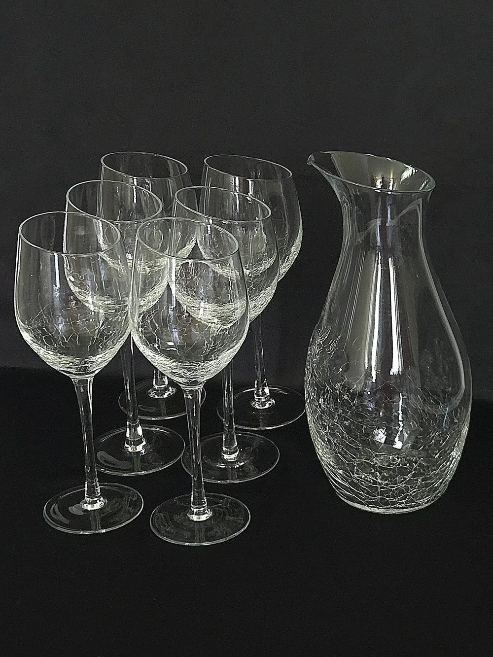 RARE Pier 1 Angled Crackle Glass 7pc Hostess Set - Carafe & 6 Hand-Blown Goblets